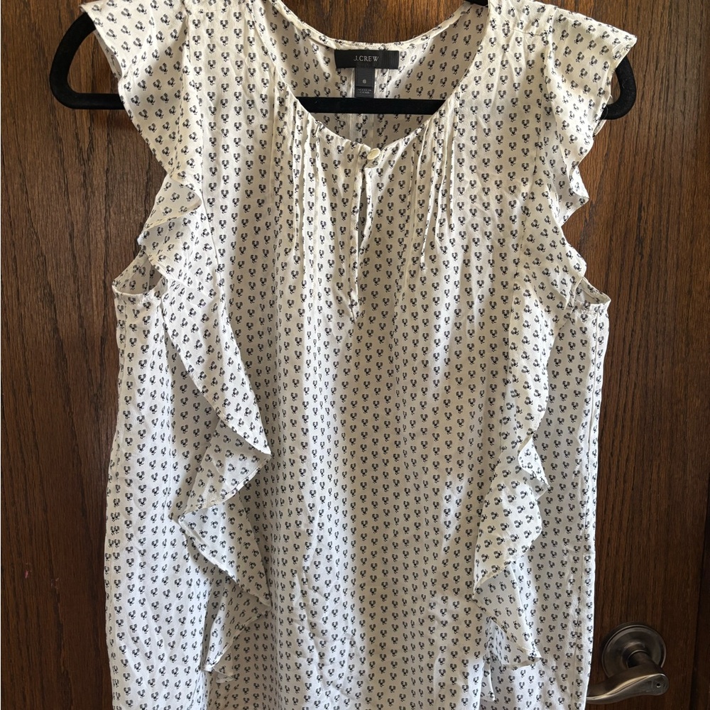 EUC 100% Silk J. Crew White and Black Ruffled Sleeveless Blouse US 6